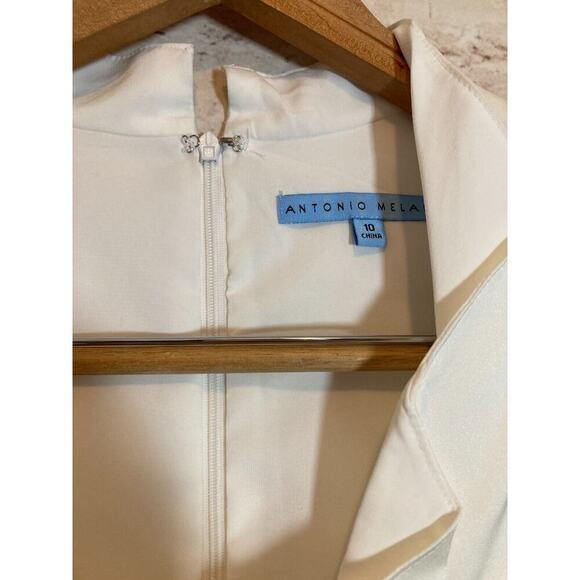 Antonio Melania Dress Womens 10 White & Navy Sheath Colorblock Ruffle Neck Work - Picture 6 of 14